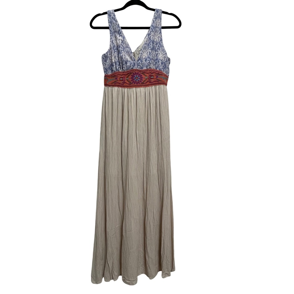 Flying Tomato Boho Maxi Dress Blue Damask Embroidered Empire Waist Small
